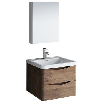 24" Rosewood Wall Hung Bathroom Vanity Set, Fiora Faucet, Brushed Nickel