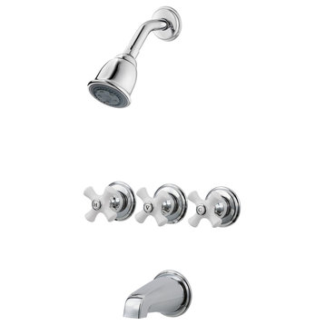 3 Handle Tub and Shower Faucet Trim With Porcelain Cross Handle, Polished Chrome