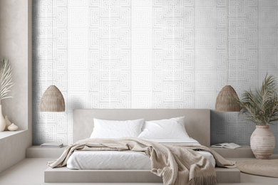 Modelo de dormitorio principal minimalista con paredes blancas y papel pintado
