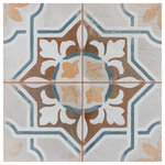 Merola Tile - Kings Clay Seal Ceramic Floor and Wall Tile - Imported from Spain, our Kings Clay Seal 17-5/8" x 17-5/8" Ceramic Floor and Wall Tile emulates vintage cement tiles. This hydraulic style floor and wall tile features floral and geometric motifs in natural, earth toned shades. Inspired by Vietnamese ceramics and the wabi-sabi philosophy, interior architect and furniture designer, Francisco Segarra, designed this collection to explore the possibilities of clay as a creative and decorative element. Using earth tones, natural textures and a more relaxed vintage aesthetic, this collection generates warm and comfortable interiors, which further reflect the essence of wabi-sabi. Available in 10 print variations that are randomly distributed throughout each case, the variation throughout each tile mimics an authentic aged appearance. Save time and labor spent arranging smaller square tiles and instead install these durable ceramic slabs, which have squares separated by scored grout lines. Its durable and glazed features make this tile an ideal choice for indoor installations including kitchens, bathrooms, backsplashes, showers and entryways. Tile is the better choice for your space. This tile is made from natural ingredients, making it a healthy choice as it is free from allergens, VOCs, formaldehyde and PVC.
