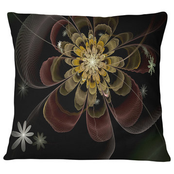 Brown Fractal Flower with Silver stars Floral Throw Pillow, 16"x16"
