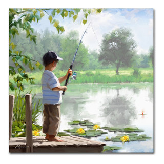 Netting a Fish Painting Print on Canvas by R.J. Cavaliere