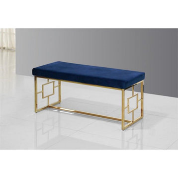 Best Master Velvet Upholstered Bench with Stainless Steel Frame in Blue/Gold