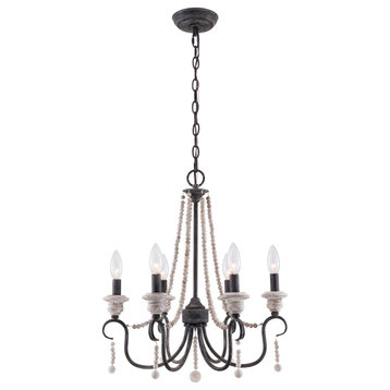 6-Light French Country chandelier With Wood Bead Strings Distressed Wood, Black