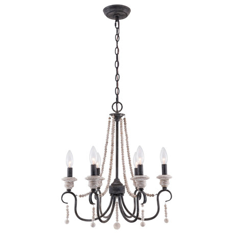 6-Light French Country chandelier With Wood Bead Strings Distressed Wood, Black