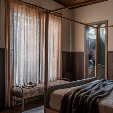 Antique Elm Custom Stained Paneling in Interlachen Modern Lakehouse Bedroom