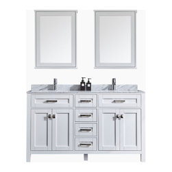 Milford Traditional Vanity 1500 Cararra Marble Stone Top Matte White Shaker Bat - Bathroom Vanities