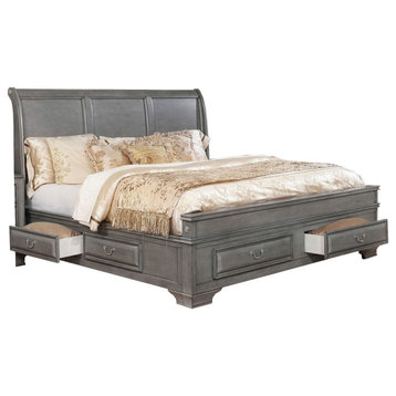 Benzara BM207575 Wooden Queen Size Bed with Spacious Storage Drawers, Gray