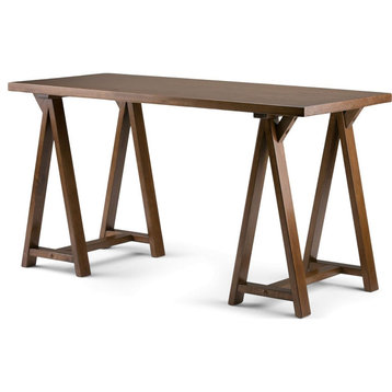 Industrial Desk, Rectangular Pine Top and Sawhorse Supports, Medium Saddle Brown