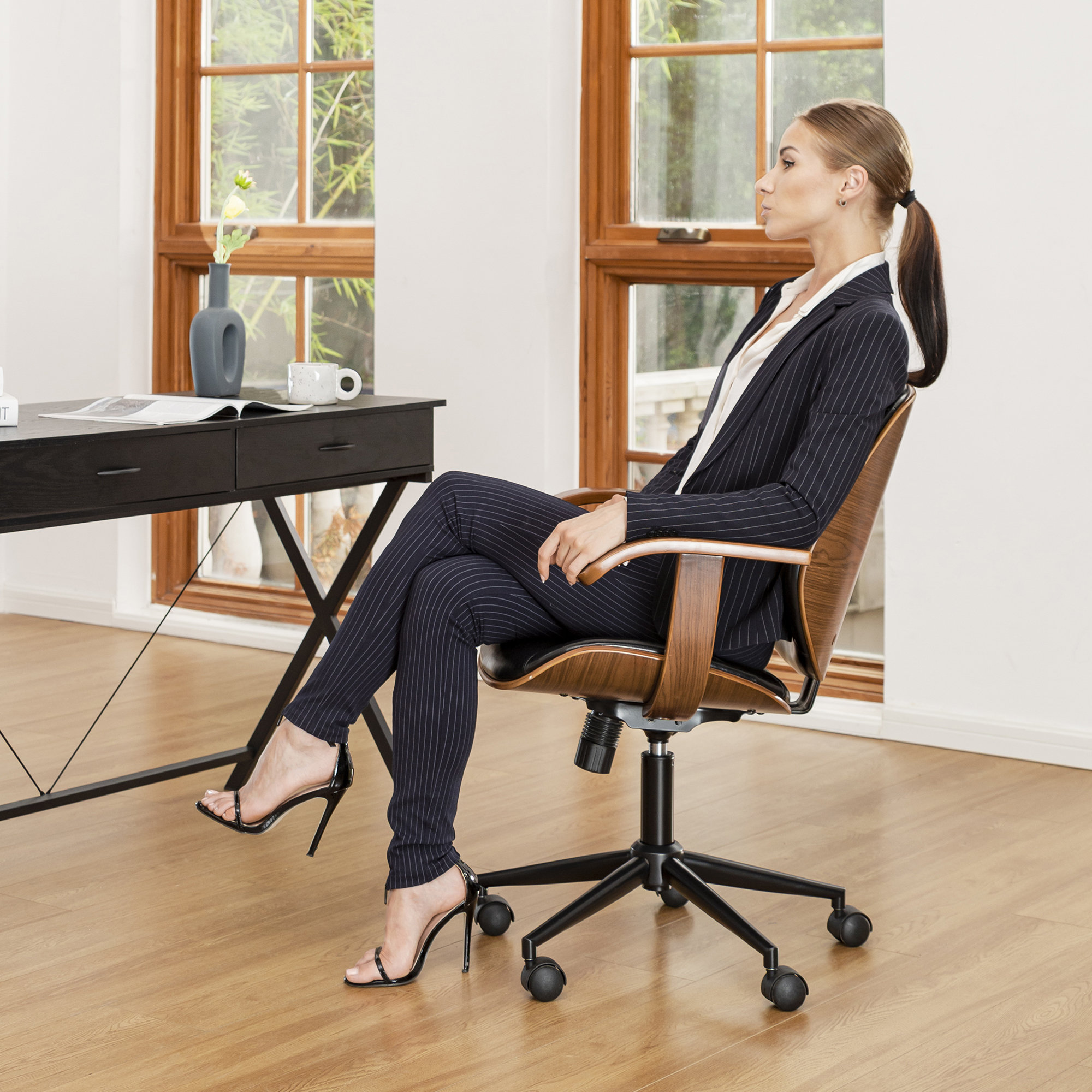 38"H Russet PU Leather Adjustable Swivel Desk Chair/Task Chair