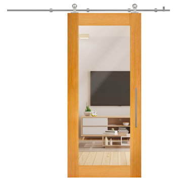 Mirror Solid Mahogany Wood Sliding Barn Door With Mirror Insert, 30"x84", 1 Mirror/Front, Stainless Steel Hardware