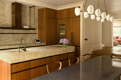 Design ideas for a medium sized traditional kitchen/diner in London with an integrated sink, dark wood cabinets, marble worktops, beige splashback, marble splashback, integrated appliances, medium hardwood flooring, an island, beige floors and beige worktops.