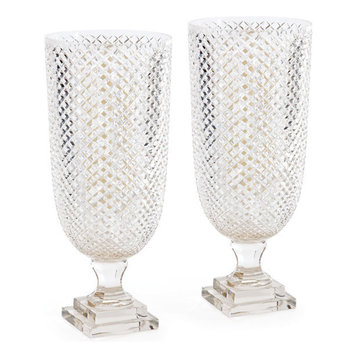 Diamondcut Glass Hurricane Lamp Lantern, Set of 2 Candle Holder Vase