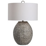 Uttermost - Uttermost Cyprien Gray White Table Lamp 28448-1 - This Ceramic Table Lamp Features A Heavily Pitted Surface, Finished In A Combination Of Brushed Rustic Gray And Crackled Gloss White Glaze, Paired With Brushed Nickel Plated Iron Details. The Hardback Drum Shade Is A White Linen Fabric With Light Slubbing.