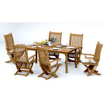 Teak Deals - 7-Piece Outdoor Teak Dining Set, 60" Rectangle Table, 6 Warwick Arm Chairs - Our Teak Dining Set is a uniquely modern interplay of very durable teak wood featuring our beautiful Teak Chairs. Our teak wood is certified to withstand the rigors of adverse climates however because of Teak's well known micro-smooth finish and quality craftsmanship many use our furniture indoors as well. Rich in oil finely grained and precisely fashioned with mortise-and-tenon joinery.