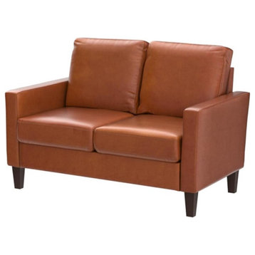 Contemporary Loveseat, Faux Leather Padded Seat & Back With Track Arms, Camel