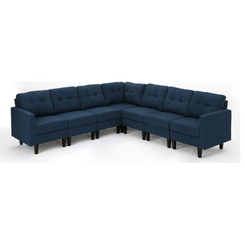 GDF Studio 7-Piece Niya Mid Century Modern Fabric Extended Sectional Sofa, Navy Blue