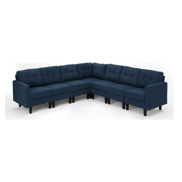 GDF Studio 7-Piece Niya Mid Century Modern Fabric Extended Sectional Sofa, Navy