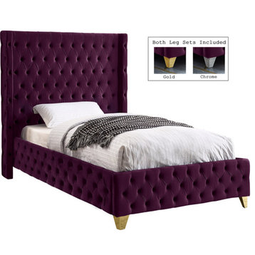 Savan Velvet Upholstered Bed, Purple, Twin