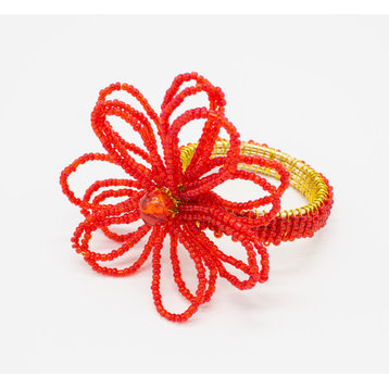 Hand Beaded Flower Design Napkin Rings, Set of 4, Red