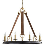 Arteriors Home - Chaney Chandelier, 9-Light, Bronze, Antique Brass, Brown Leather, 33"W - The Chaney saddles up to rustic sophistication with its unique and unparalleled style. Three brown leather bands suspend a hand-hammered iron base adorned with nine candlestick-style arms in a contrasting antique brass finish. Each leather band is accented with an antique brass detail reminiscent of bridle bits delivering an equestrian quality to its industrial form. Shown with clear bent-tip candelabra bulbs. Damp-rated, although limited covered outdoor conditions may affect finish.