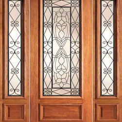 Scrollwork Iron Beveled Glass, Mahogany Prehung Door Two Sidelite - Front Doors