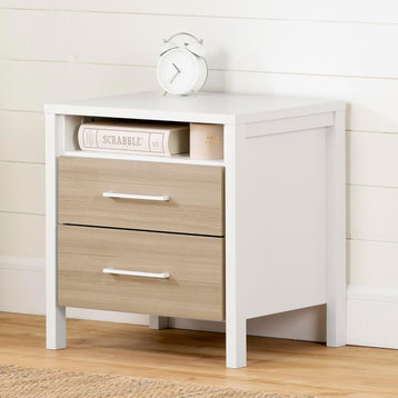 Modern Nightstand, Upper Open Compartment and 2 Storage Drawers, White/Soft Elm