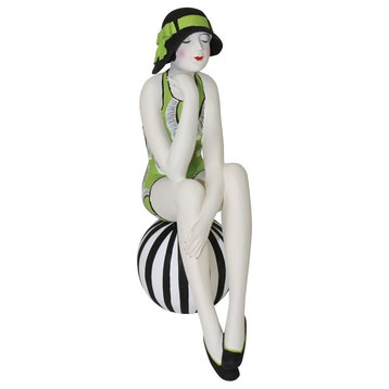Retro Bathing Beauty Figurine, Statue Swim Suit Beach Ball Black Green Hat