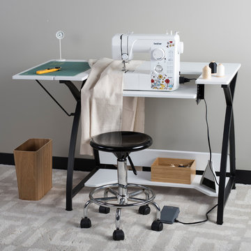 Comet Sewing Craft Table with Drop down Platform for Sewing Machine, Black/White