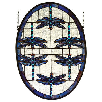 Meday Lighting 78087 22"W X 30"H Dragonflies Oval Stained Glass Window