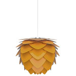 UMAGE - Aluvia Plug-In Pendant, Mini, Saffron/White - Modern. Elegant. Striking. The VITA Aluvia is an artistic assemblage of 60 precision-cut aluminum leaves, overlapping each other on a durable polycarbonate frame. These metal leaves surround the light source, emitting glare-free, ambient light.  The underside of each leaf is painted white for increased light reflection, and the exterior is finished in one of six designer colors. Available in two sizes, the Medium (18.9"h x 23.3"w) can be used as a pendant or hanging wall lamp, while the Mini (11.8"h x 15.7"w) is available as a pendant, table lamp, floor lamp or hanging wall lamp. Hang it over the dining table, position it in a corner, or use as a statement piece anywhere; the Aluvia makes an artistic impact in any room.