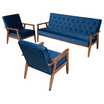 Sorrento Navy Blue Velvet Fabric Walnut 3-Piece Wooden Living Room Set
