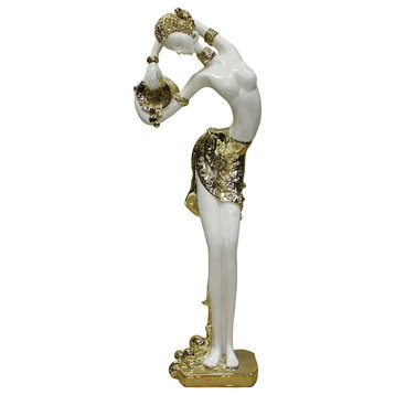 Gold White Water Pot Lady Fiber Glass Decor Figure s1849-7