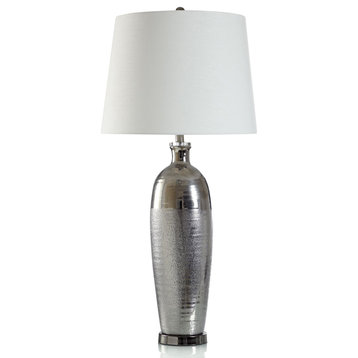 Metallic Silver Table Lamp Two Tone Ceramic and Steel Body White Shade