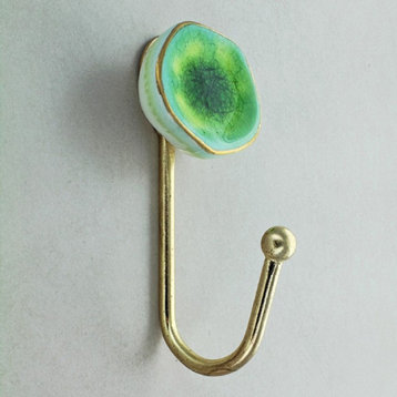 Ceramic Hook, 5-1/5'', Green & Gold, Ceramic Single Hook, Hexagon Hook, Hooks