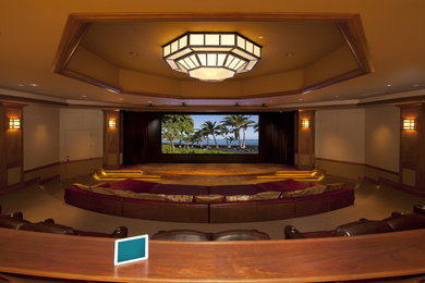 Inspiration for a rustic home theater remodel in Dallas