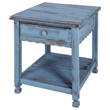Country Cottage End Table, Rustic Blue Antique Finish