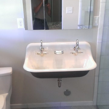 BATHROOM - Calcutta Gold Marble Shower / Gray Penny Tile Floor