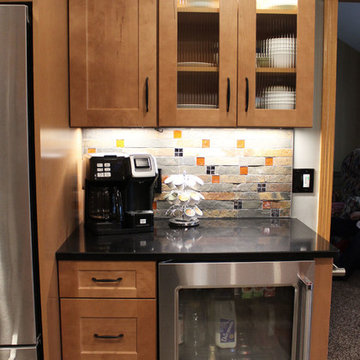 Waypoint Maple Spice Kitchen Cabinets w/ Fire & Ice Brick Mosaic Backsplash
