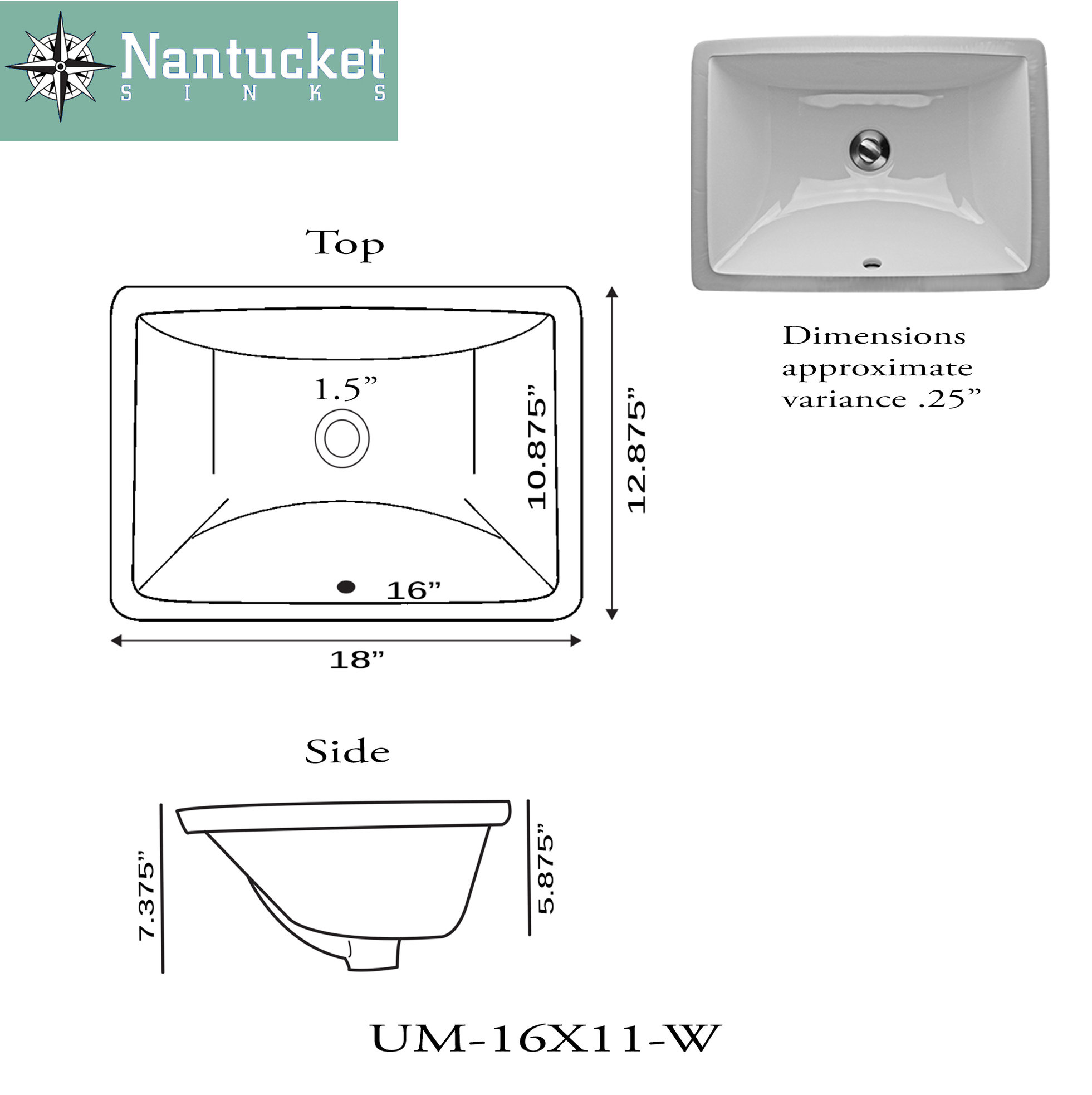 Nantucket Sinks 16"x11" Undermount Ceramic Sink, White