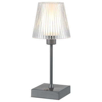 Oscar 12.5" Rechargeable/Cordless Integrated LED Table Lamp Ribbed Shade, Gray
