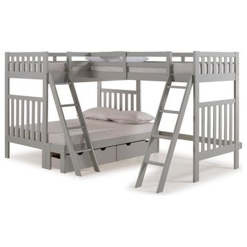 Aurora Twin Over Full Wood Bunk Bed, Tri-Bunk Extension, Drawers, Dove Gray
