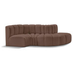 Meridian Furniture - Arc Vegan Leather Upholstered 4-Pc. S-Shaped Modular Sofa, Brown - Unleash modern opulence with the Arc Vegan Leather 4pc. Sectional. Crafted for the modern connoisseur, this Sectional injects an air of refined luxury into any space. Its sleek silhouette, upholstered in supple brown vegan leather, exudes timeless sophistication while the deep channel tufting adds textural intrigue, further elevating the chair's visual appeal. The modular design makes it a versatile chameleon, effortlessly adapting to your evolving needs and preferences. Whether you envision it gracing a chic living room corner, basking in the glow of a bedroom window, or adding a touch of drama to a home office, the Arc seamlessly complements your unique interior aesthetic.