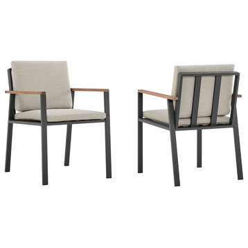 Nofi Outdoor Patio Dining Chair, Teak Wood Arms, Set of 2, Charcoal/Taupe