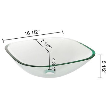Square Tempered Glass Vessel Sink Basin, Mounting Ring 1 5/8" Pop Up Drain Set