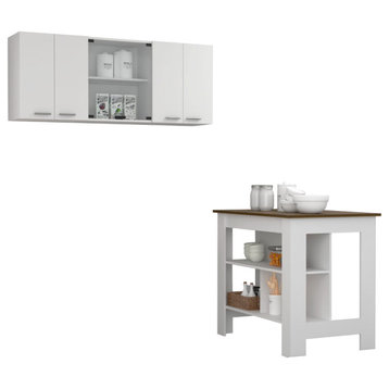 Norfolk 2-Piece Kitchen Set, Kitchen Island & Upper Wall Cabinet, White/Walnut