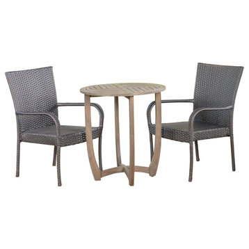 GDF Studio 3-Piece Jared Outdoor Wood and Wicker Bistro Set, Gray and Gray