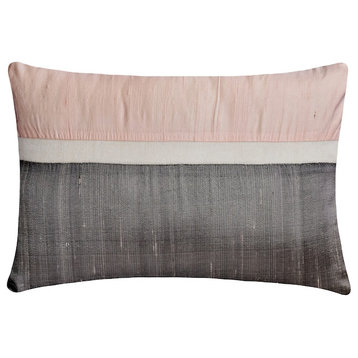 Light Pink Silk Patchwork 12"x26" Lumbar Pillow Cover - Plush Light Pink Silk