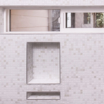 Master Bath curbless glass tile shower
