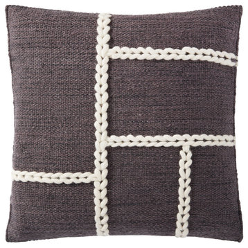 18"x18" Abstract Chainstitch Mid-century Modern Wool Braid Throw Pillow, Charcoa